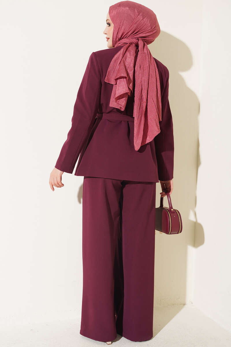 Belted Jacket Two-Piece Set with Pocket Detail - Burgundy