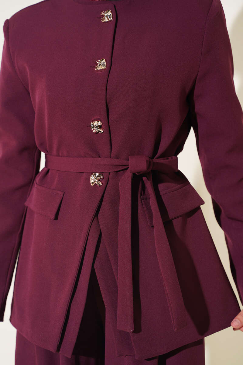 Belted Jacket Two-Piece Set with Pocket Detail - Burgundy
