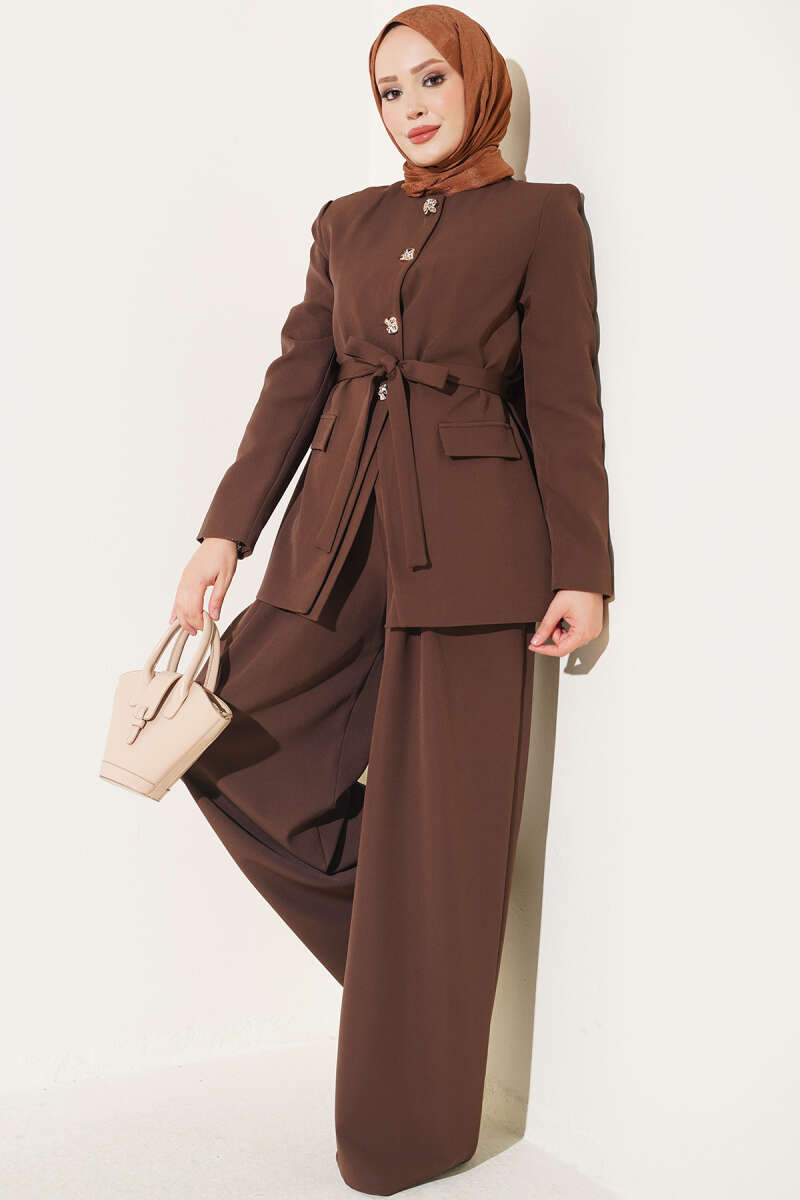 Belted Jacket Two-Piece Set with Pocket Detail - Brown