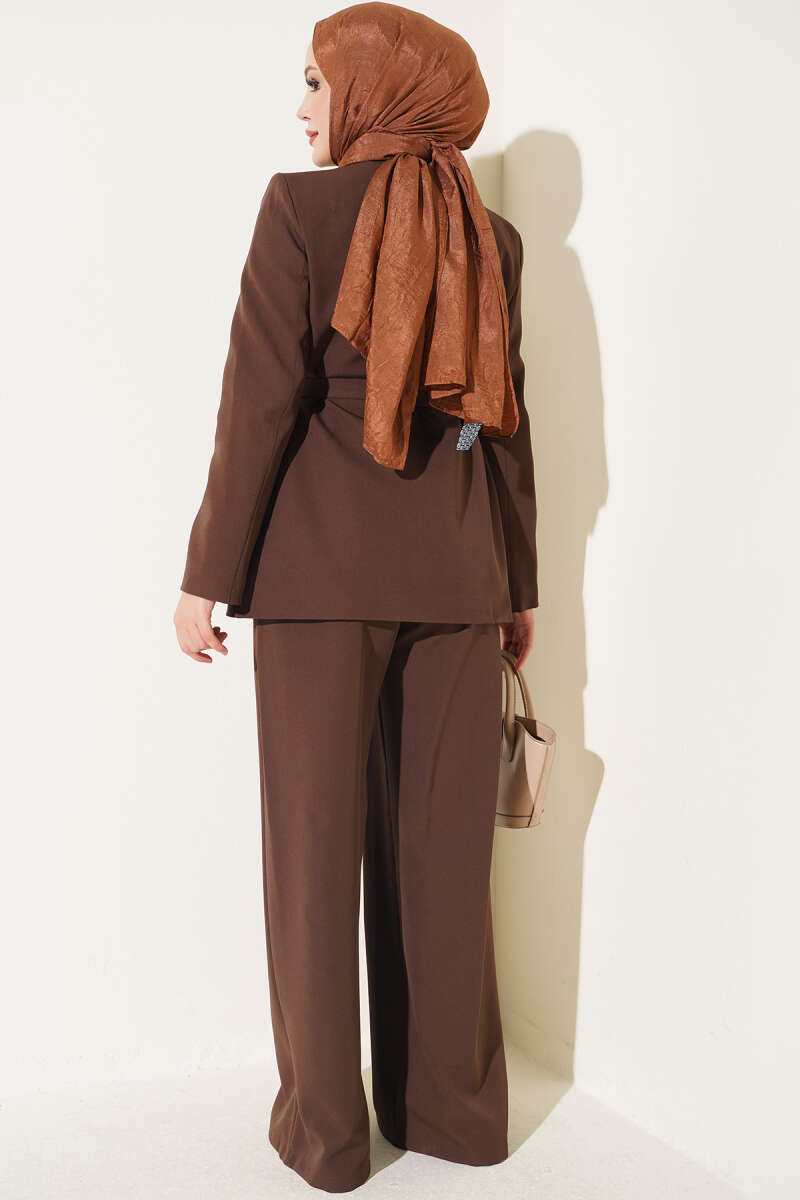 Belted Jacket Two-Piece Set with Pocket Detail - Brown