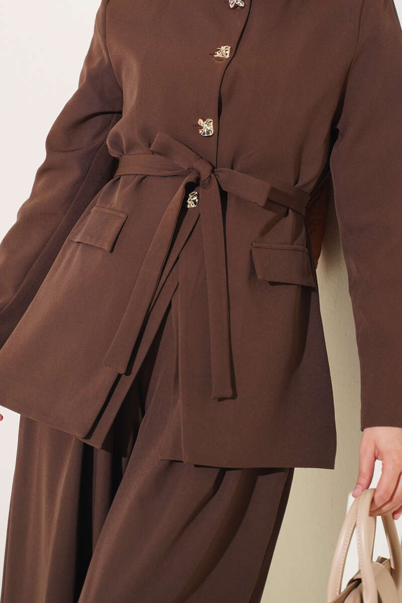 Belted Jacket Two-Piece Set with Pocket Detail - Brown
