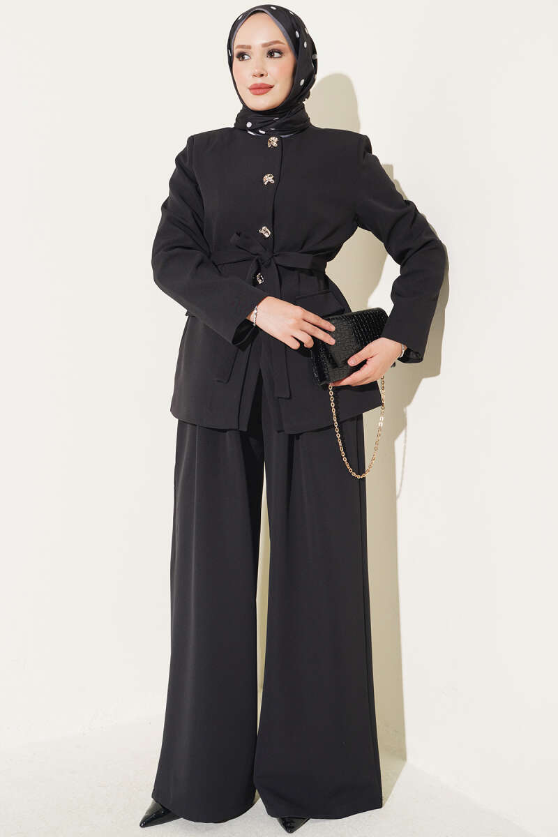 Belted Jacket Two-Piece Set with Pocket Detail - Black