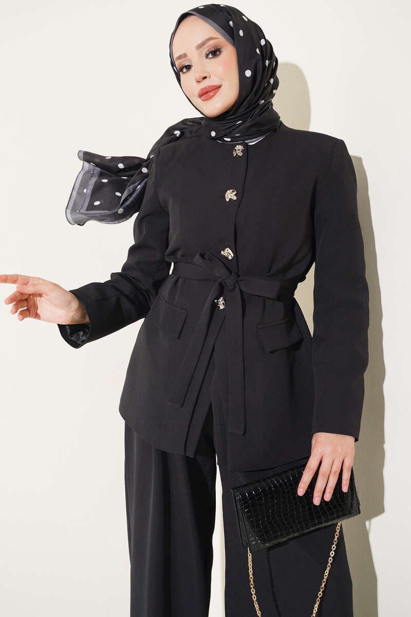 Belted Jacket Two-Piece Set with Pocket Detail - Black