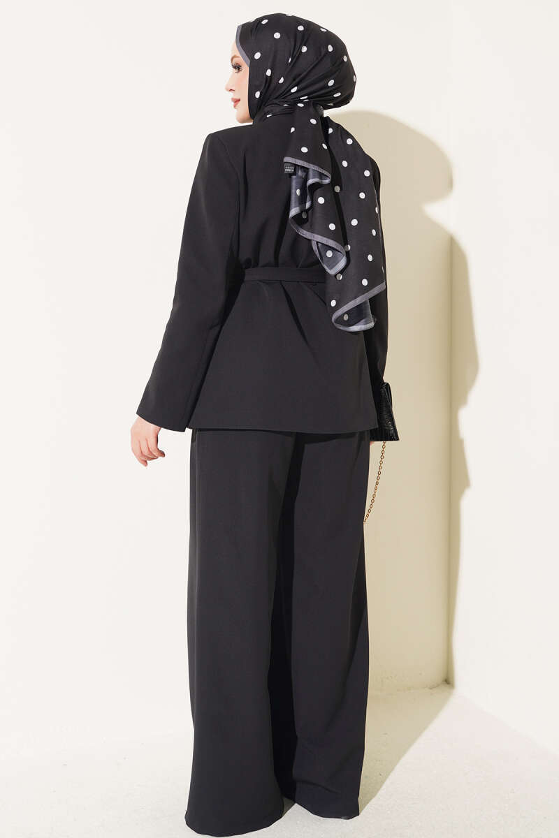 Belted Jacket Two-Piece Set with Pocket Detail - Black