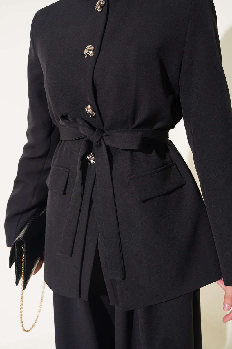 Belted Jacket Two-Piece Set with Pocket Detail - Black