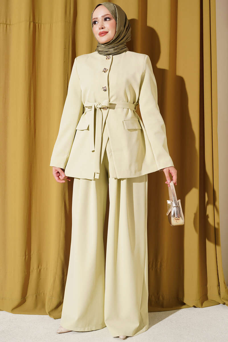 Belted Jacket Two-Piece Set with Pocket Detail - Aqua Green