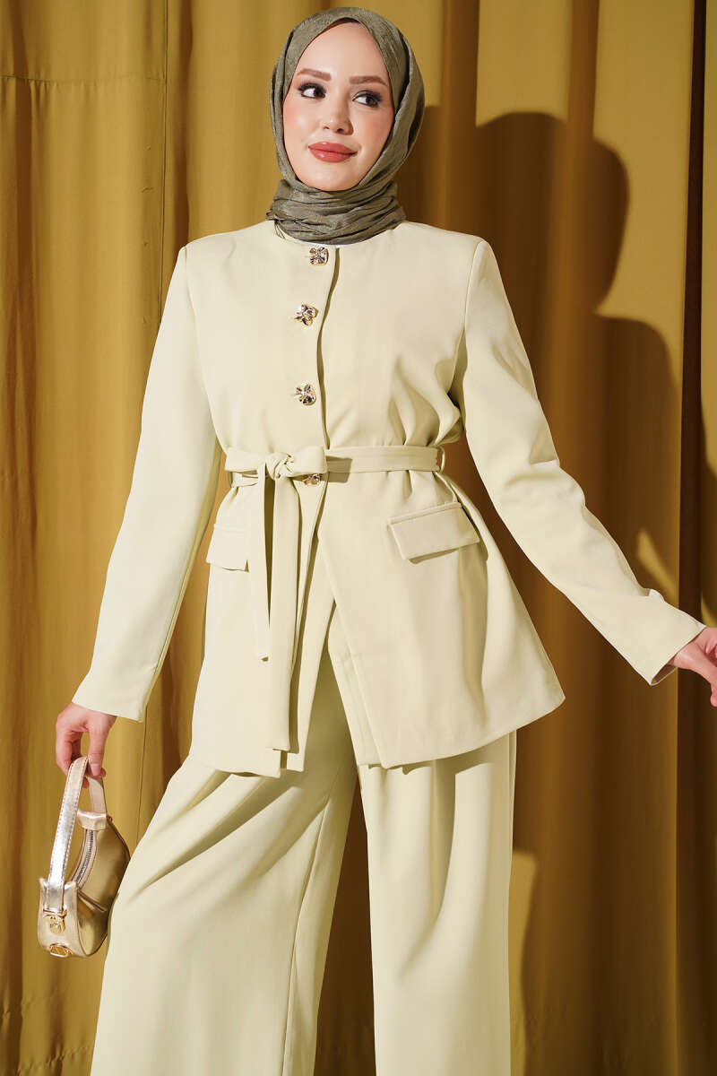 Belted Jacket Two-Piece Set with Pocket Detail - Aqua Green