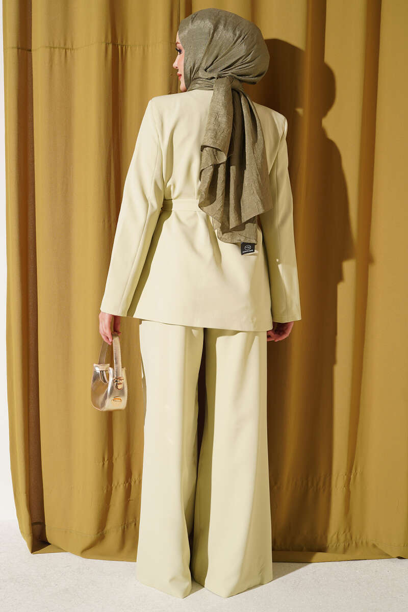 Belted Jacket Two-Piece Set with Pocket Detail - Aqua Green