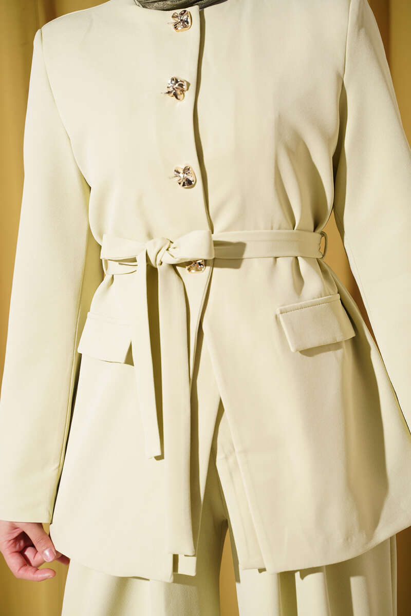 Belted Jacket Two-Piece Set with Pocket Detail - Aqua Green