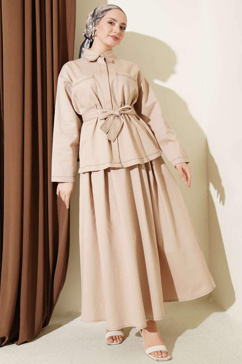 Belted Two-Pocket Skirt Set - Beige