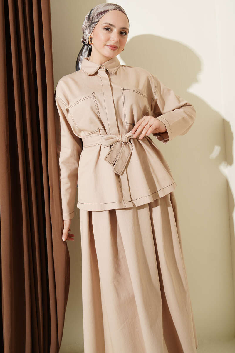 Belted Two-Pocket Skirt Set - Beige