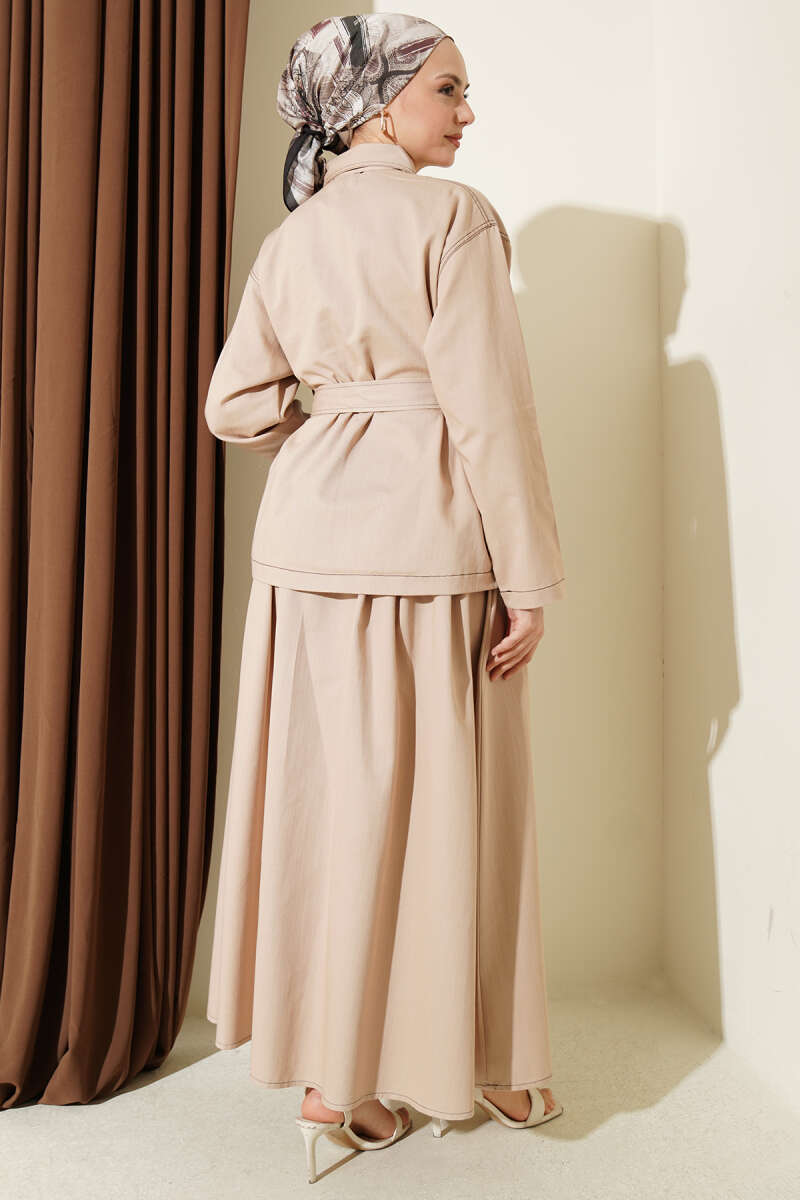 Belted Two-Pocket Skirt Set - Beige