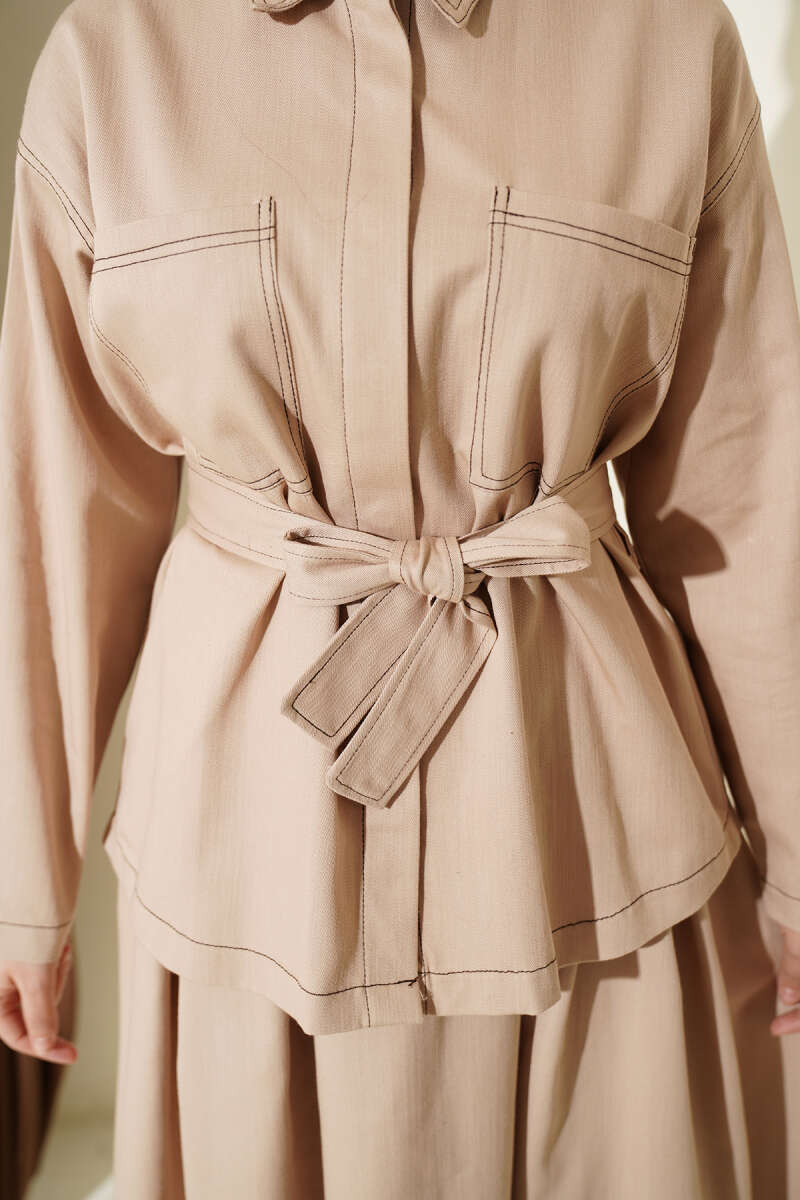 Belted Two-Pocket Skirt Set - Beige