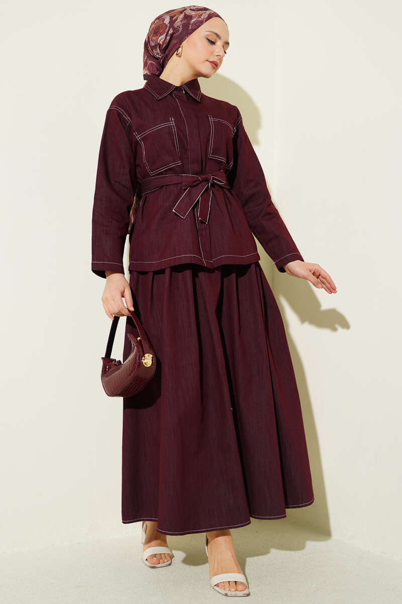 Belted Two-Pocket Skirt Set - Burgundy