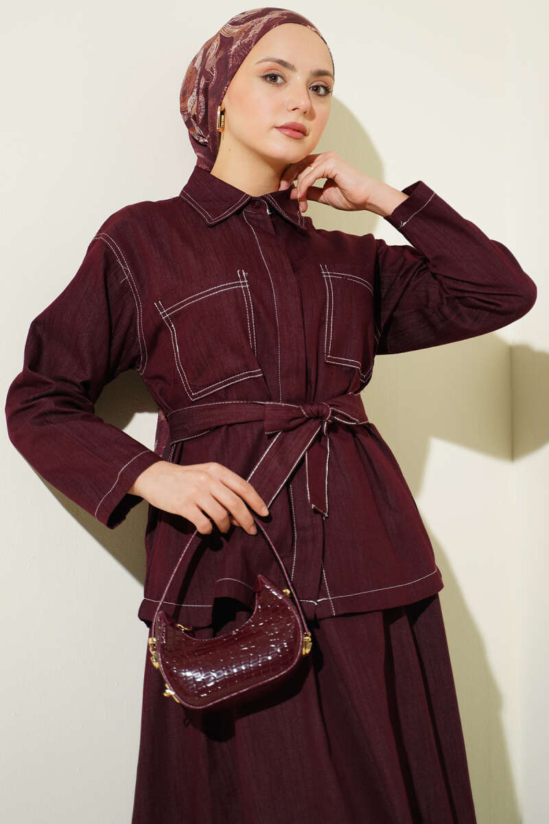 Belted Two-Pocket Skirt Set - Burgundy
