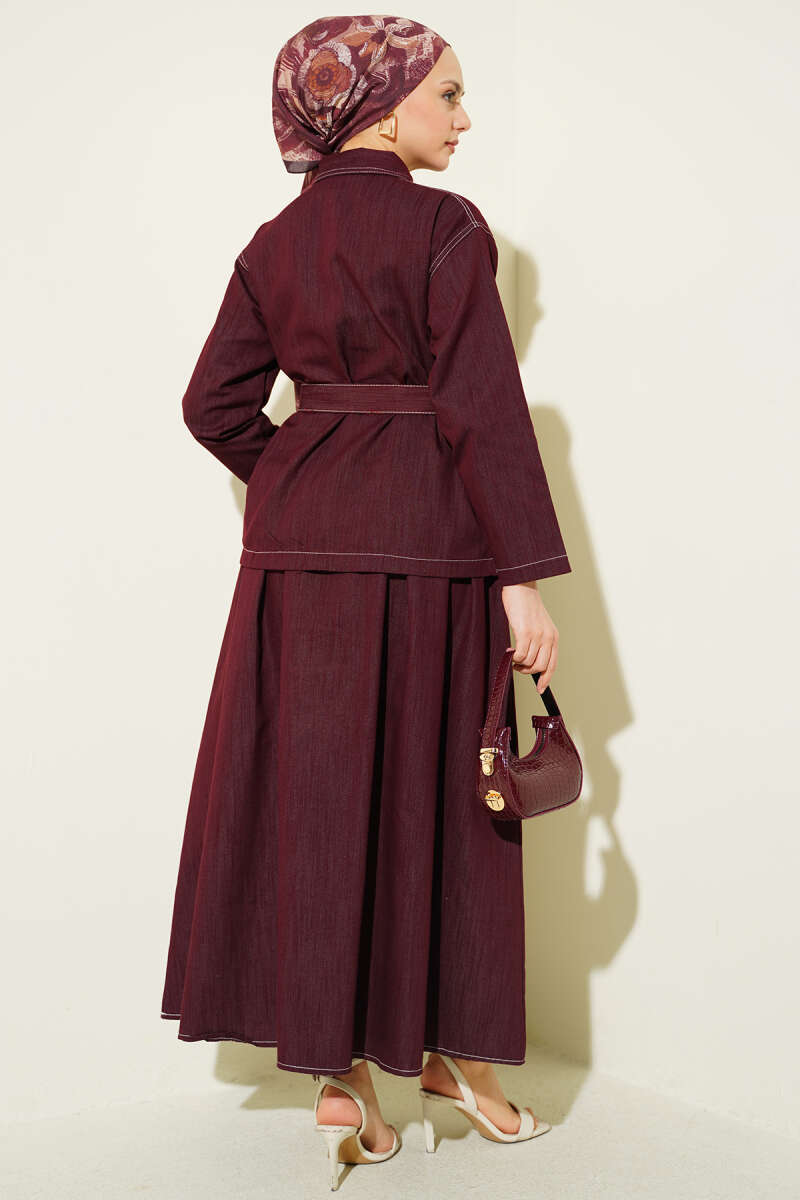 Belted Two-Pocket Skirt Set - Burgundy