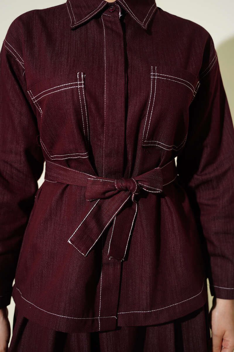 Belted Two-Pocket Skirt Set - Burgundy
