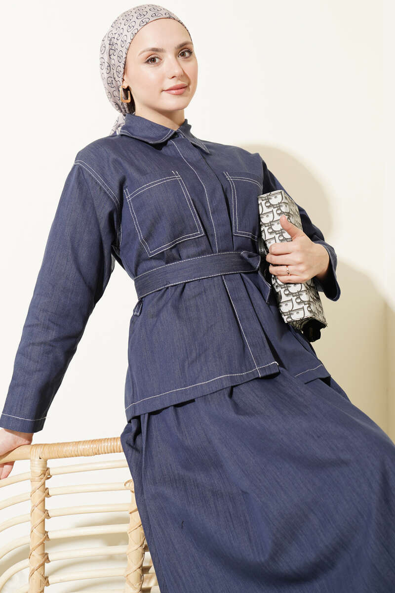Belted Two-Pocket Skirt Set - Indigo