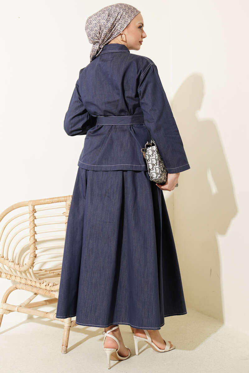 Belted Two-Pocket Skirt Set - Indigo