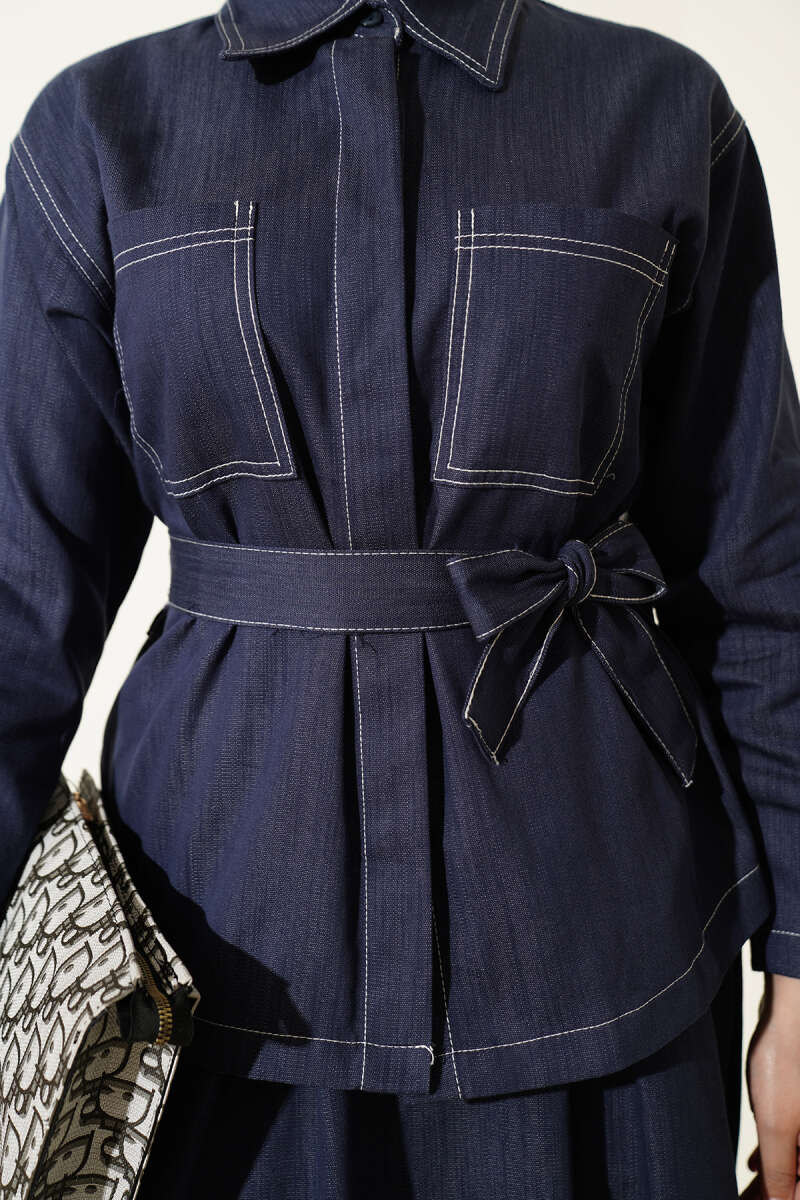 Belted Two-Pocket Skirt Set - Indigo