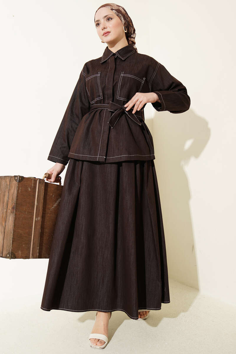 Belted Two-Pocket Skirt Set - Brown