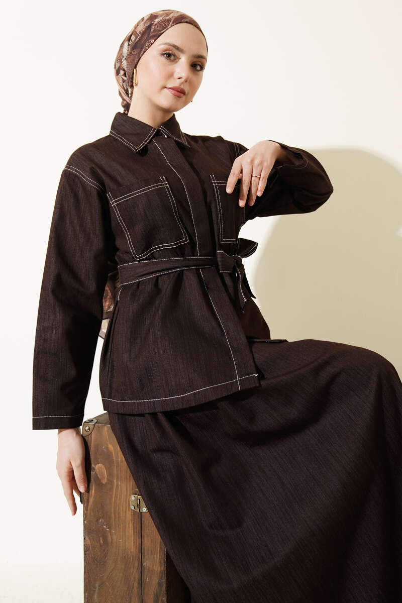 Belted Two-Pocket Skirt Set - Brown