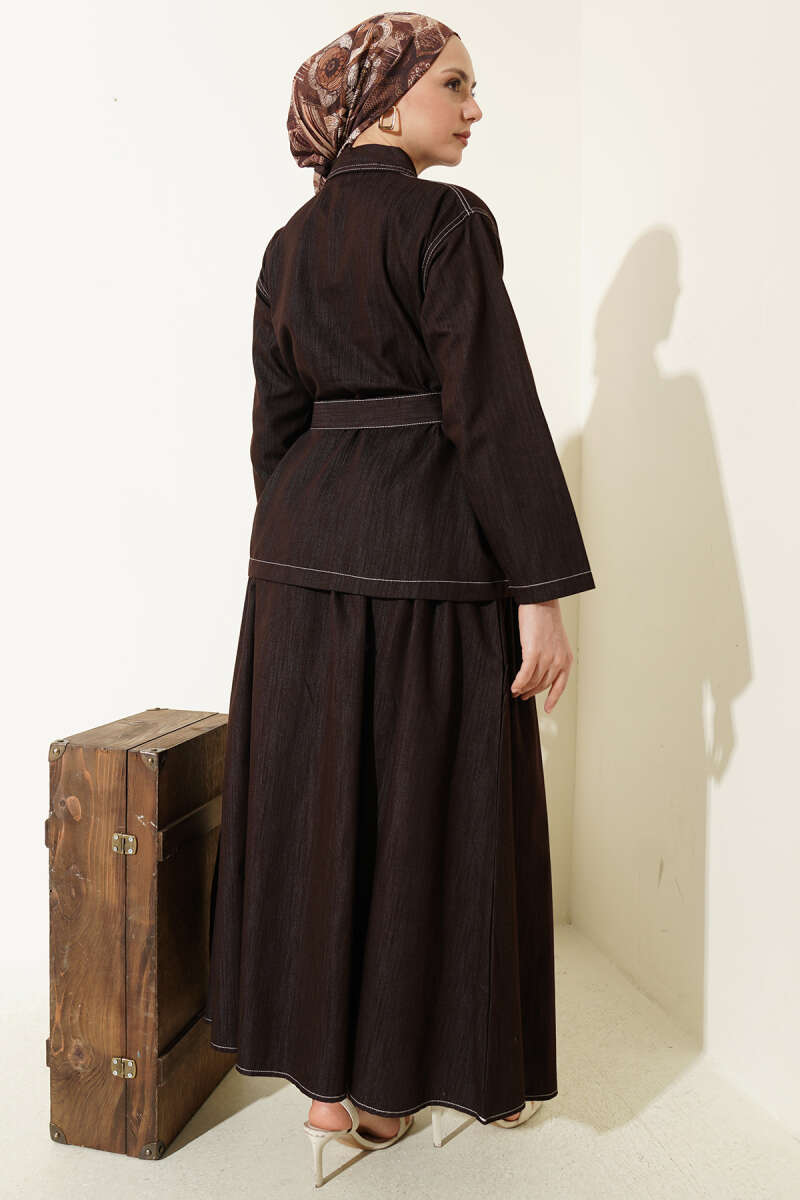 Belted Two-Pocket Skirt Set - Brown