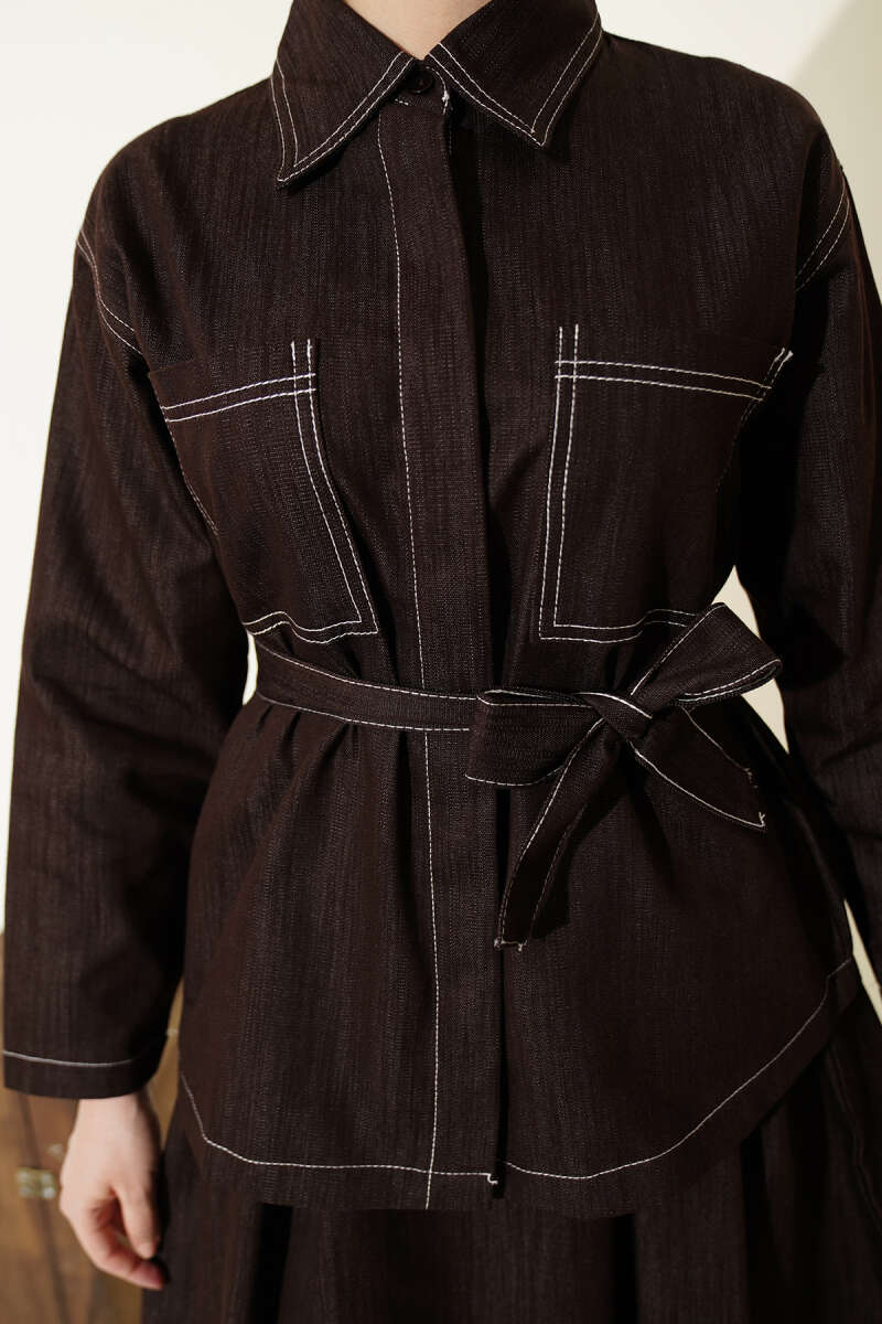 Belted Two-Pocket Skirt Set - Brown