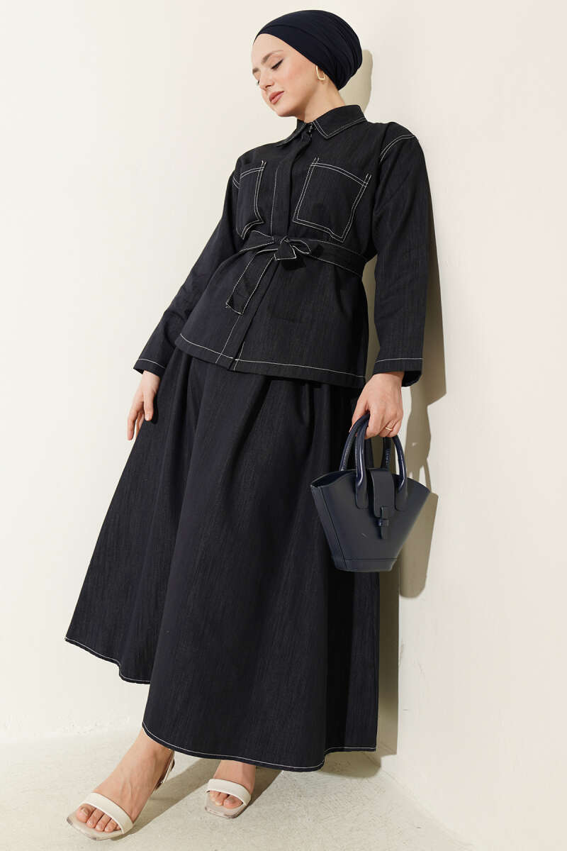 Belted Two-Pocket Skirt Set - Navy