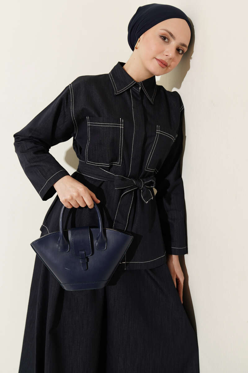 Belted Two-Pocket Skirt Set - Navy