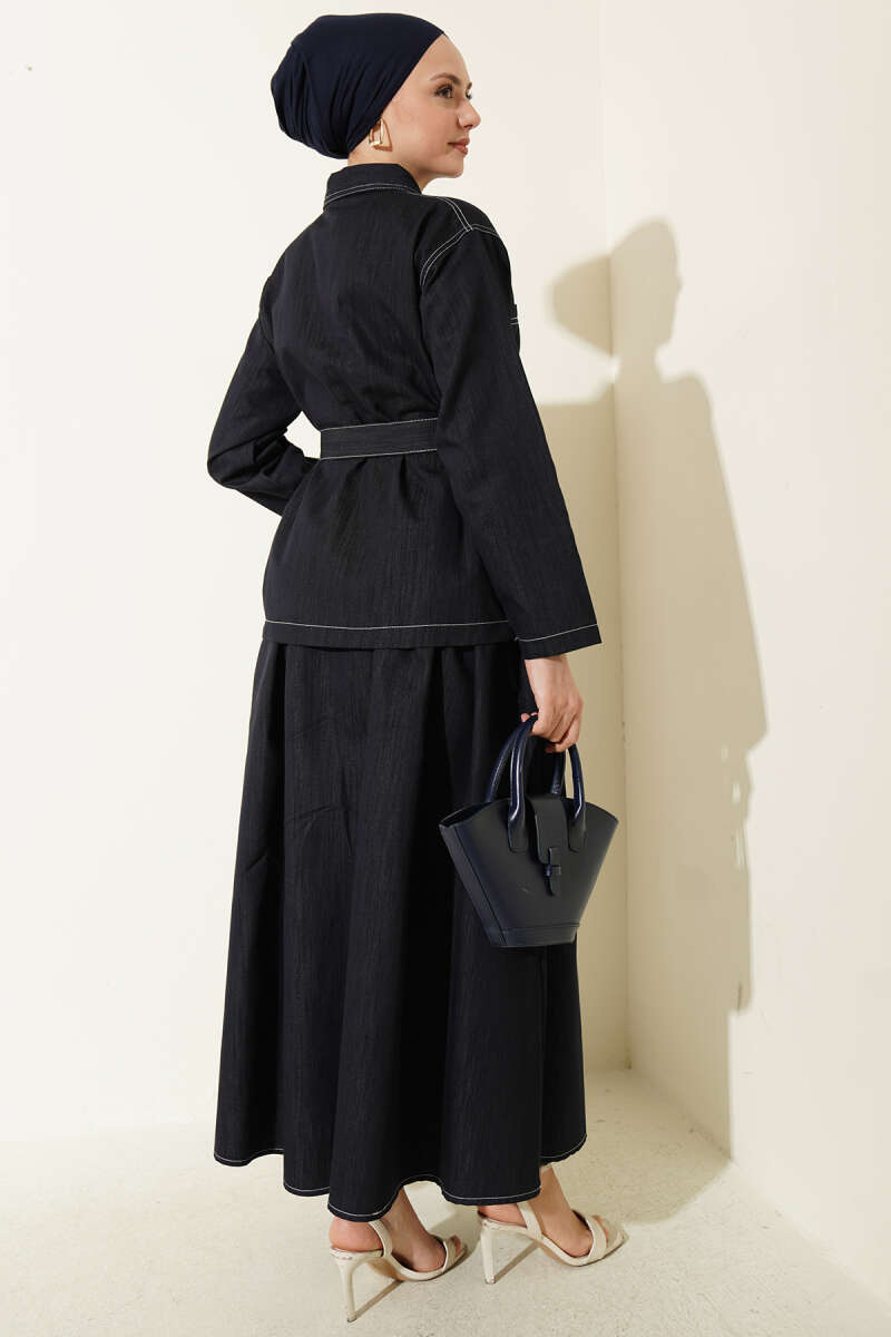 Belted Two-Pocket Skirt Set - Navy