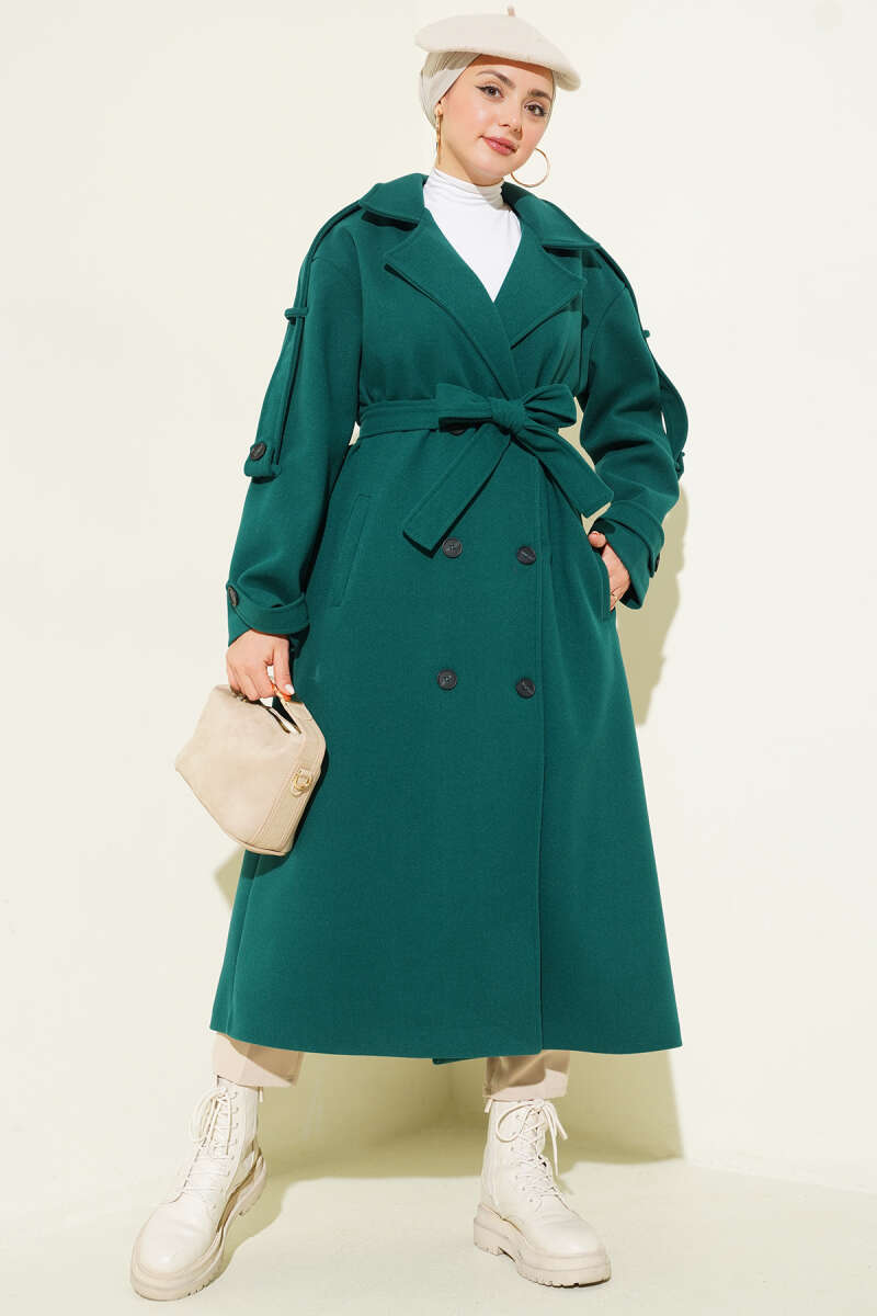 Belted Felt Coat with Button Detail - Emerald
