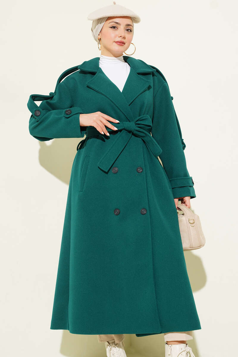 Belted Felt Coat with Button Detail - Emerald
