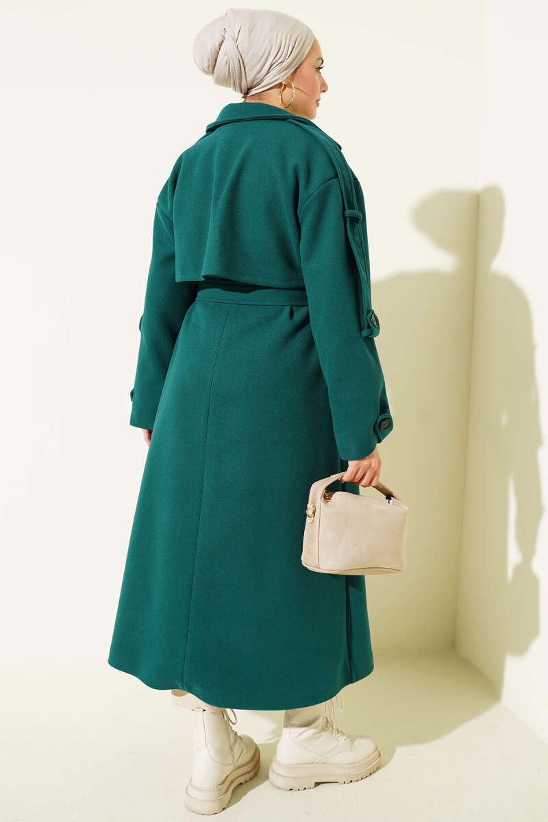 Belted Felt Coat with Button Detail - Emerald