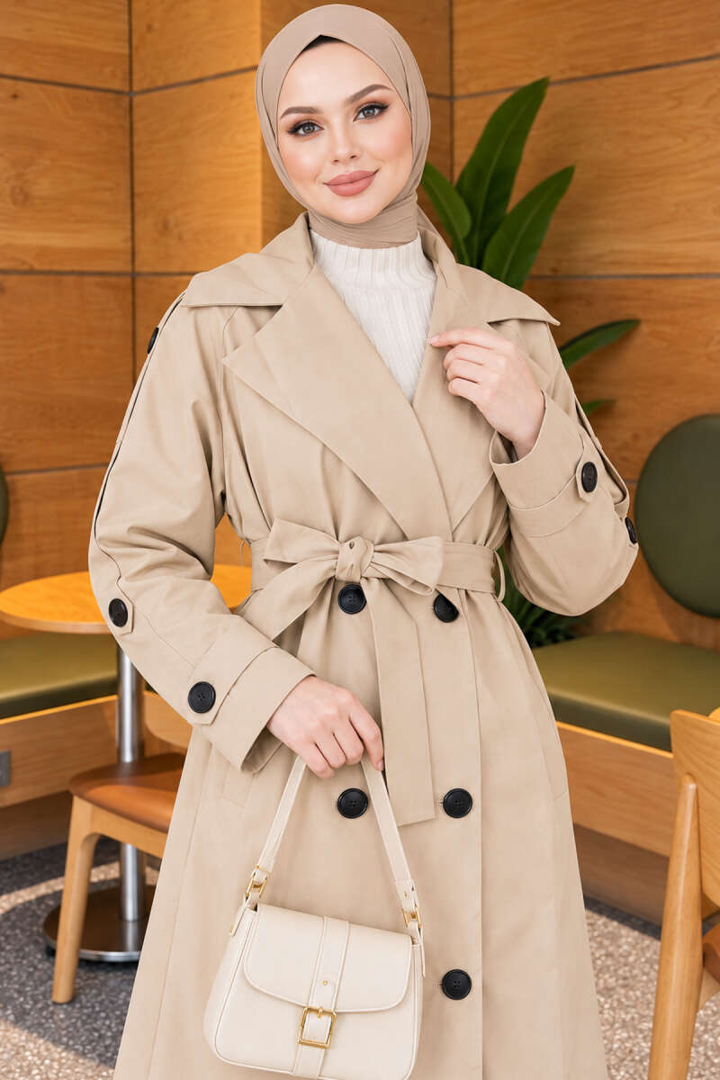 Belted Trench Coat with Button Detail - Beige