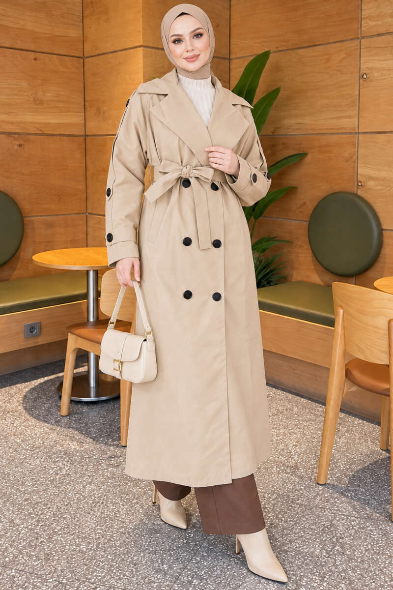 Belted Trench Coat with Button Detail - Beige
