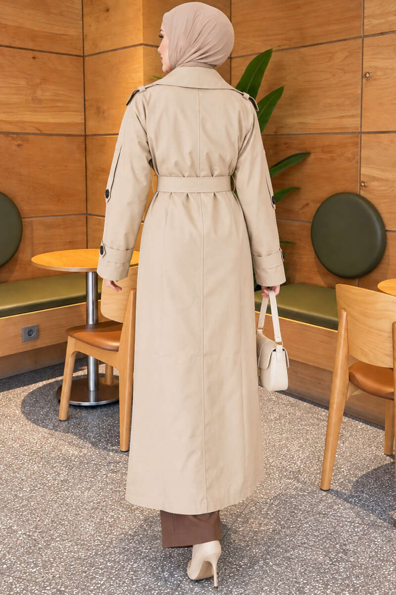 Belted Trench Coat with Button Detail - Beige