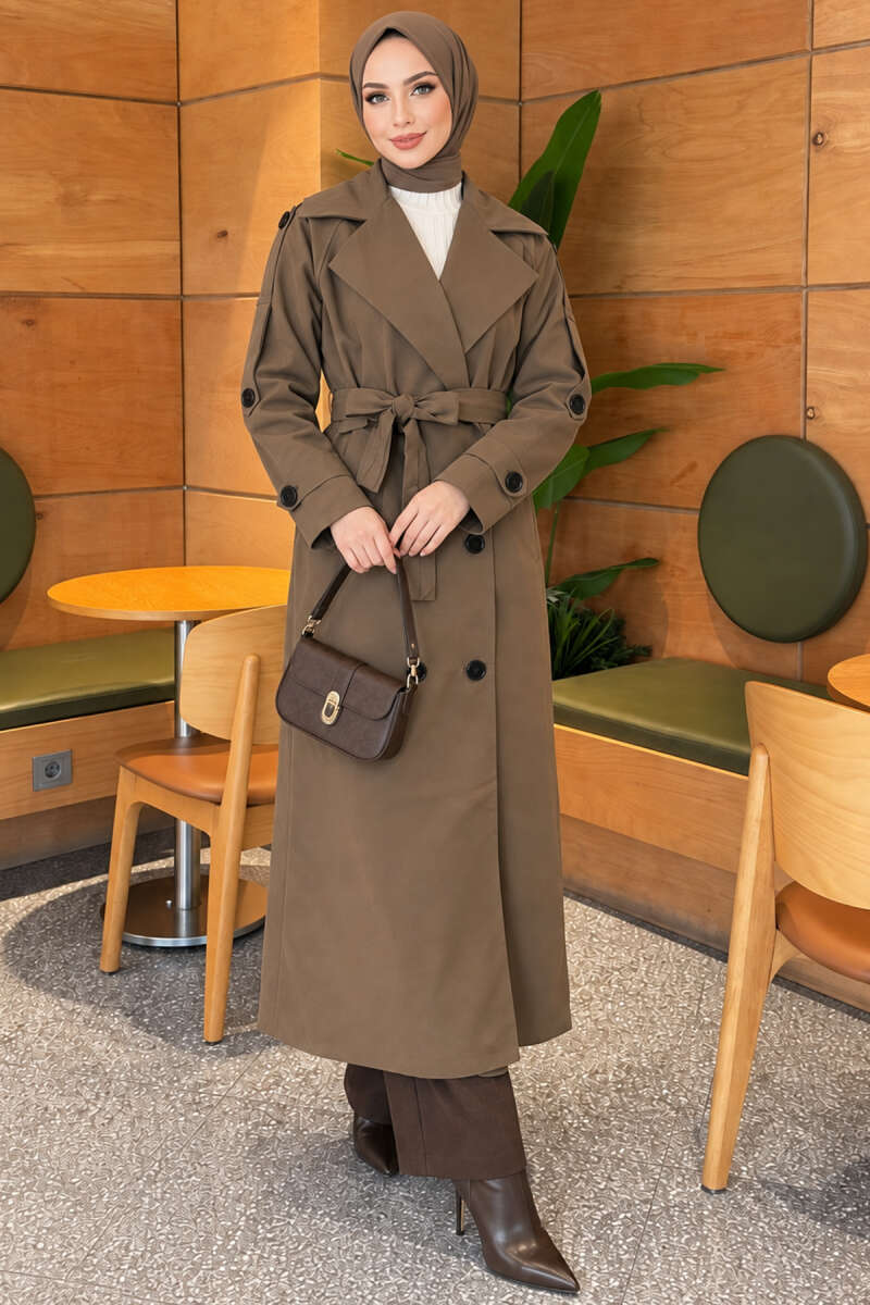 Belted Trench Coat with Button Detail - Khaki
