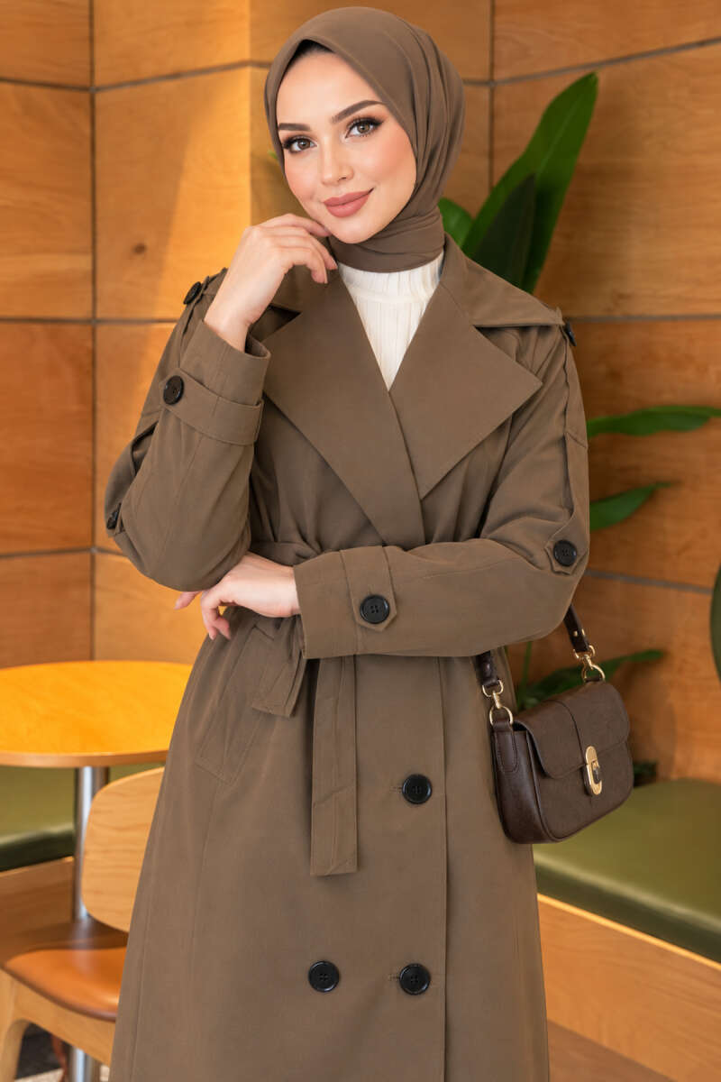 Belted Trench Coat with Button Detail - Khaki