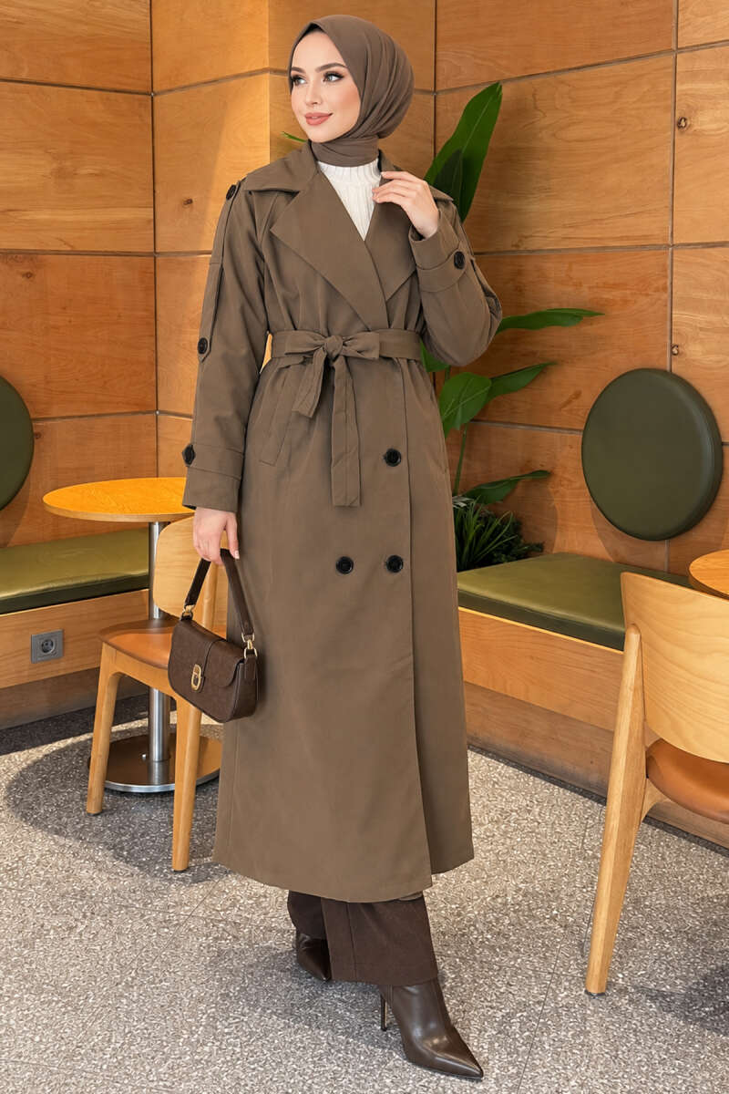 Belted Trench Coat with Button Detail - Khaki