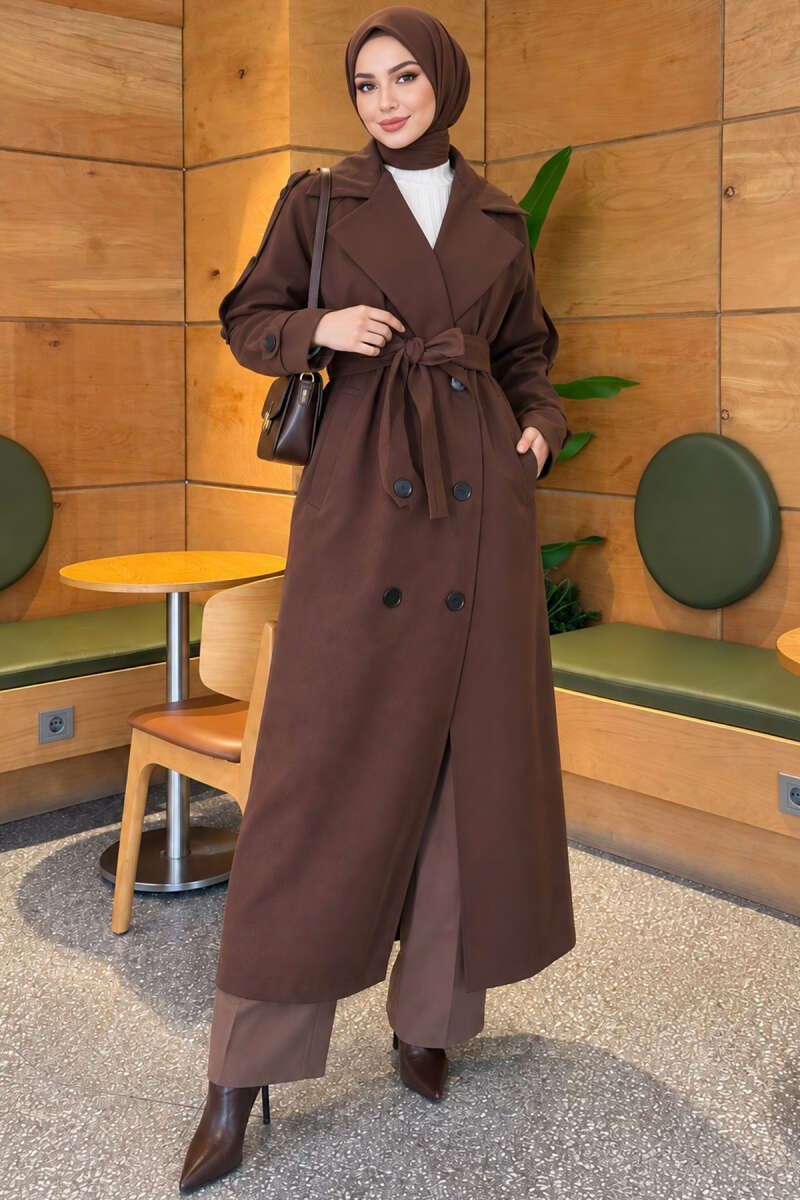 Belted Trench Coat with Button Detail - Brown