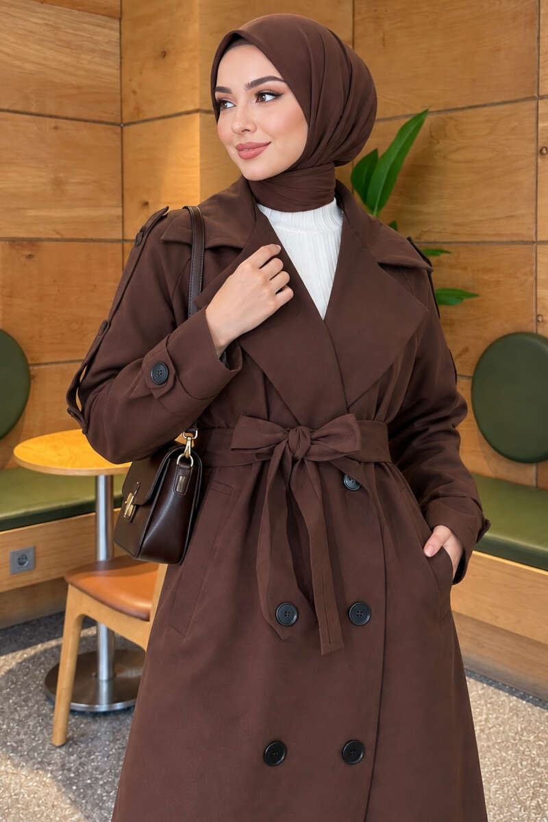 Belted Trench Coat with Button Detail - Brown