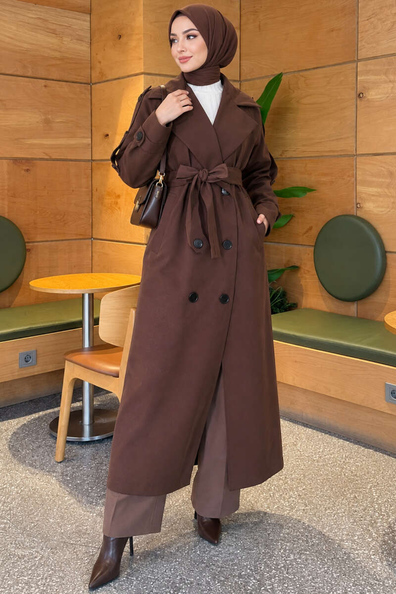 Belted Trench Coat with Button Detail - Brown