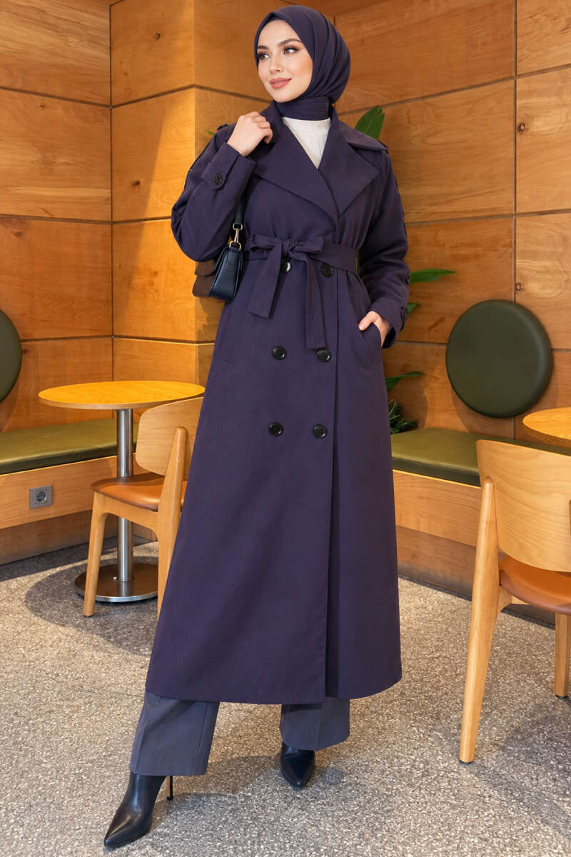 Belted Trench Coat with Button Detail - Navy