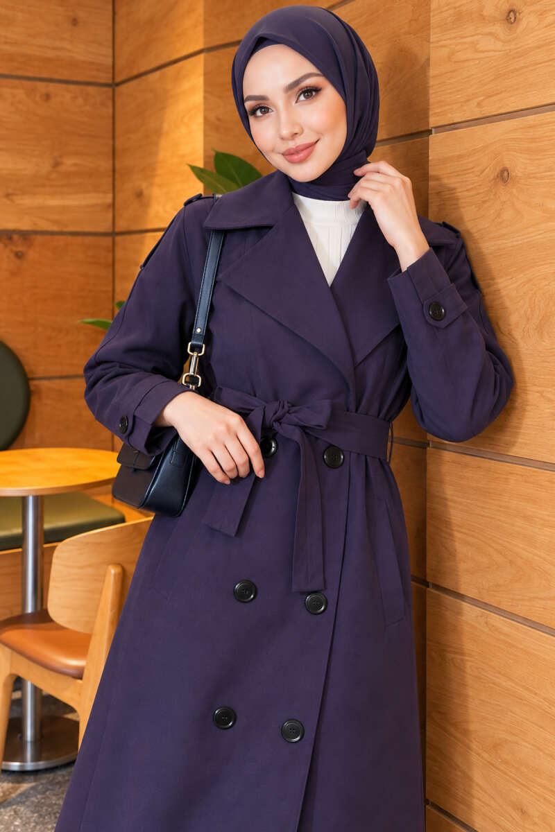 Belted Trench Coat with Button Detail - Navy