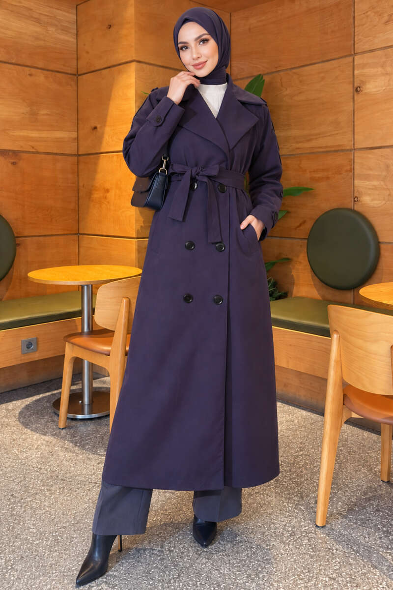 Belted Trench Coat with Button Detail - Navy
