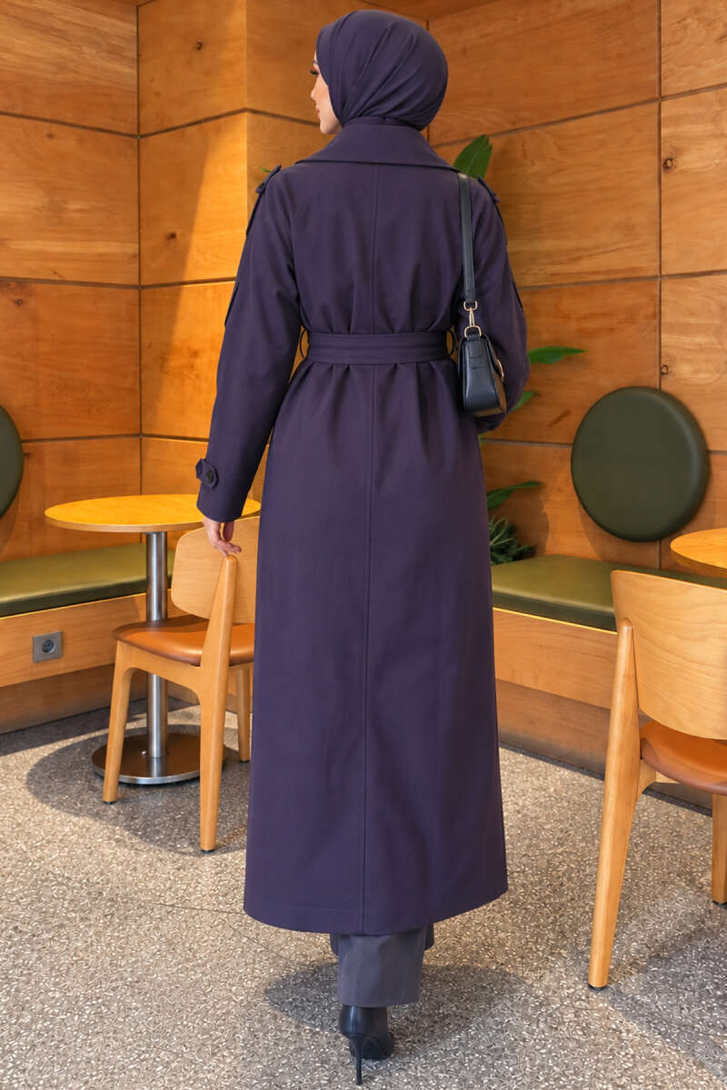 Belted Trench Coat with Button Detail - Navy