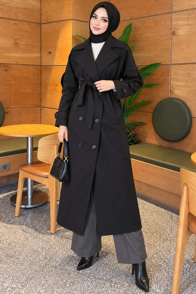 Belted Trench Coat with Button Detail - Black