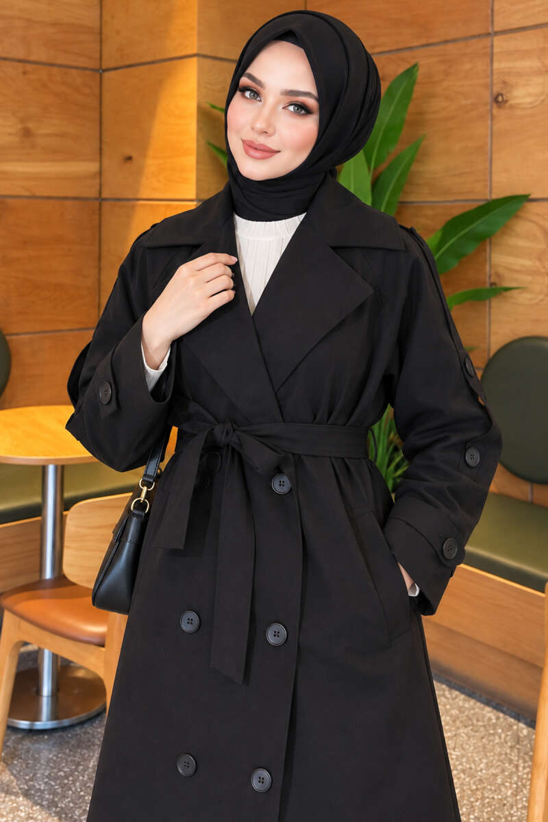 Belted Trench Coat with Button Detail - Black