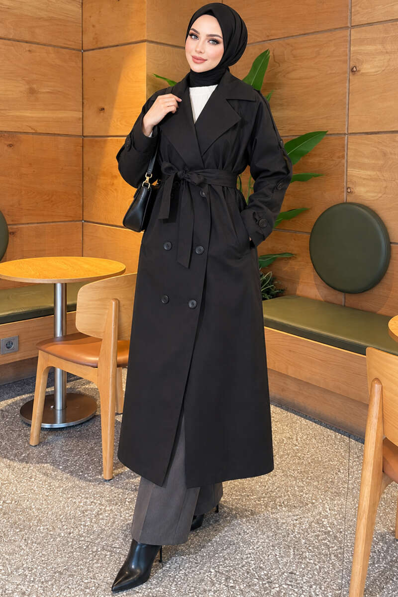 Belted Trench Coat with Button Detail - Black